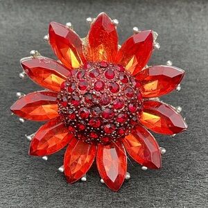 Sunflower Statement Ring Burnt Orange Ruby Rhinestone Silver Adjustable Ring